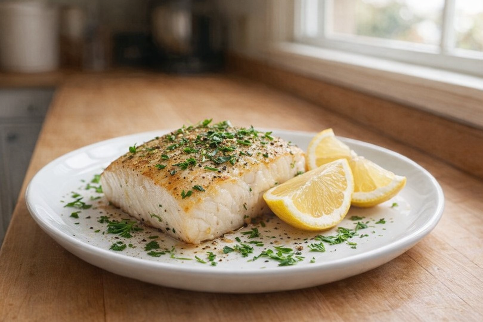 A perfectly baked halibut fillet on a white plate, garnished with fresh herbs and lemon wedges, bright natural lighting